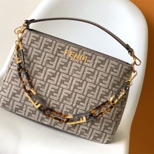 Fen.di O'lock Swing Dove Grey Tapestry Fabric Bag With FF Motif