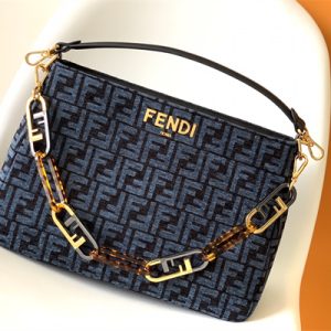 Fen.di O'lock Swing Dk Blue Tapestry Fabric Bag With FF Motif