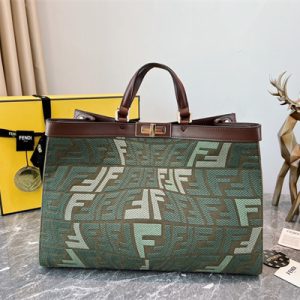 Fen.di Peekaboo X-Tote FF Embroidery Canvas Kaki Green Color