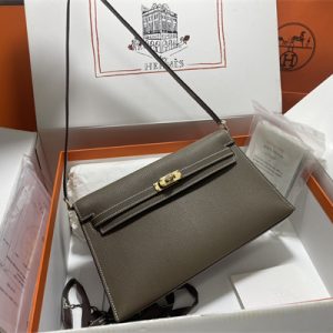 Kelly Elan Bag Goatskin Leather Gold Tone Metal In Etoupe Color HS