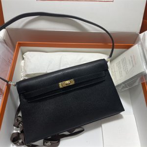 Kelly Elan Bag Goatskin Leather Gold Tone Metal In Black Color HS