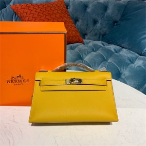 Kelly Pochette Bag Epsom Leather Gold/Silver hardware In Jaune Amber Color HS