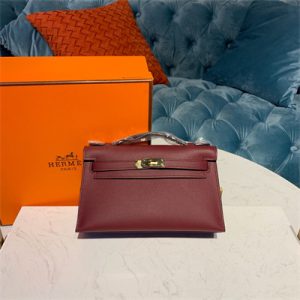 Kelly Pochette Bag Epsom Leather Gold/Silver hardware In Burgundy Color HS