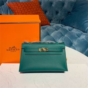 Kelly Pochette Bag Epsom Leather Gold/Silver hardware In Malachite Color HS