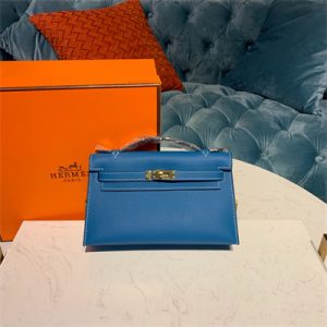 Kelly Pochette Bag Epsom Leather Gold/Silver hardware In Bley Jean Color HS