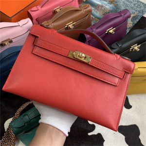 Kelly Pochette Bag Swift Leather Gold/Silver hardware In Red Color HS