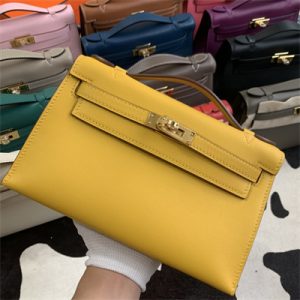 Kelly Pochette Bag Swift Leather Gold/Silver hardware In Jaune Amber Color HS