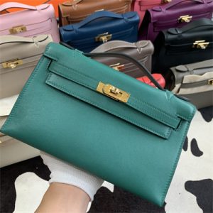Kelly Pochette Bag Swift Leather Gold/Silver hardware In Malachite Color HS