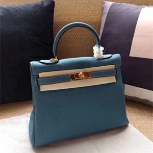 Kelly Retourne Bag Calfskin Leather 25/28CM Gold/Silver Hardware In Bley Jean Color