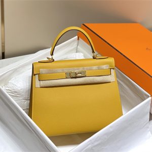 Kelly Sellier Bag Epsom Leather 25/28CM Gold/Silver Hardware In Jaune Amber Color