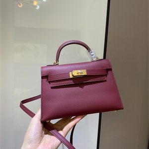 Kelly Mini II Bag Epsom Leather Gold/Silver hardware In Burgundy Color