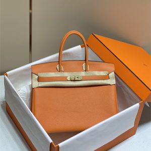 Bir.kin Bag Calfskin Leather 25/30/35CM Gold/Silver Hardware In Orange Color