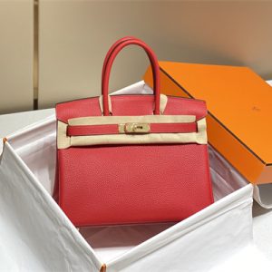 Bir.kin Bag Calfskin Leather 25/30/35CM Gold/Silver Hardware In Red Color