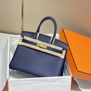 Bir.kin Bag Calfskin Leather  25/30/35CM Gold/Silver Hardware In Bleu Obscur Color