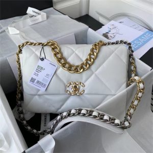 Chanel 19 Large Handbag Lambskin Gold Double C Metal White AS1161