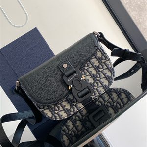 Di.or Mini Saddle Messenger Bag With Flap Beige and Black Oblique Jacquard With Black Grained Calfskin