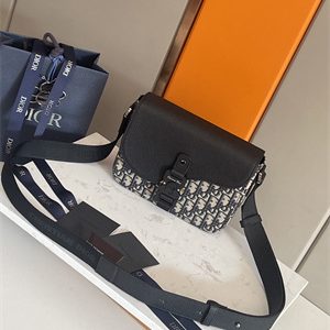 Di.or Small Saddle Messenger Bag With Flap Beige and Black Oblique Jacquard With Black Grained Calfskin