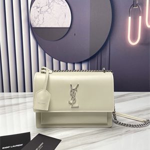 Y.S.L Sunset MEDIUM Bag In Smooth Leather Silver Tone Metal White Color