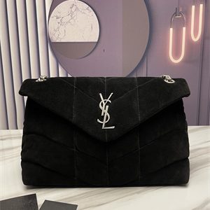 Y.S.L PUFFER MEDIUM In Suede Leather Silver Tone Metal Black Color