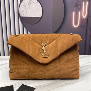 Y.S.L PUFFER MEDIUM In Suede Leather Gold Tone Metal Caramel Color