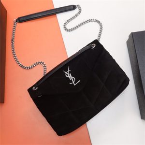 Y.S.L PUFFER SMALL In Suede Leather Silver Tone Metal Black Color