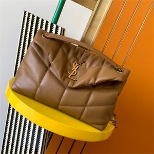 Y.S.L PUFFER SMALL In Nappa Lambskin Gold Tone Metal Caramel Color