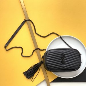 Y.S.L MINI LOU In Black Quilted Grain De Poudre Embossed Leather Black Tone Metal