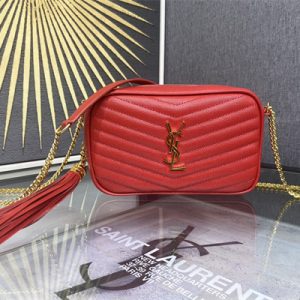 Y.S.L MINI LOU In Red Quilted Grain De Poudre Embossed Leather Gold Tone Metal