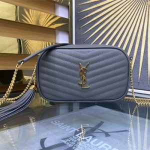 Y.S.L MINI LOU In Blue Quilted Grain De Poudre Embossed Leather Gold Tone Metal