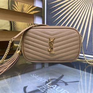 Y.S.L MINI LOU In Dk Beige Quilted Grain De Poudre Embossed Leather Gold Tone Metal