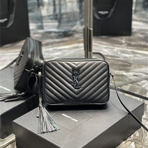 Y.S.L LOU CAMERA BAG In Black Quilted Leather Black Tone Metal