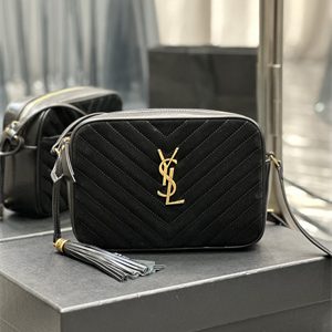 Y.S.L LOU CAMERA BAG In Black Quilted Suede and Smooth Leather Gold Tone Metal