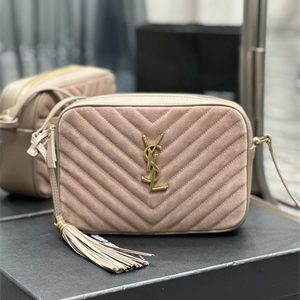 Y.S.L LOU CAMERA BAG In Nude Pink Quilted Suede and Smooth Leather Gold Tone Metal