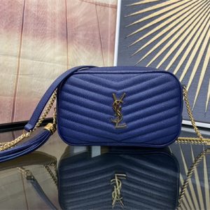 Y.S.L MINI LOU In Dk Blue Quilted Grain De Poudre Embossed Leather Gold Tone Metal