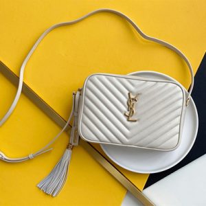 Y.S.L LOU CAMERA BAG In White Quilted Leather Gold Tone Metal