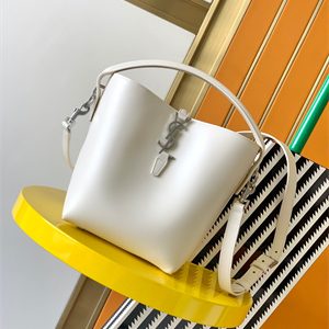 Y.S.L LE 37 SMALL In White Shinny Leather Bucket Bag