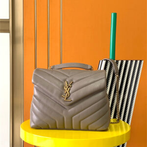 Y.S.L LOULOU SMALL In Taupe Quilted Calfskin Leather Gold Tone Metal