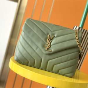 Y.S.L LOULOU SMALL In Green Quilted Calfskin Leather Gold Tone Metal