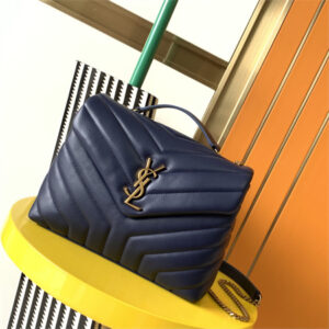 Y.S.L LOULOU SMALL In Navy Quilted Calfskin Leather Gold Tone Metal