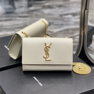 Y.S.L KATE SMALL IN GRAIN DE POUDRE EMBOSSED Leather Gold Tone Metal White Color