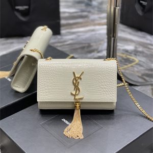 Y.S.L KATE SMALL TASSEL IN CROCODILE EMBOSSED Leather Gold Tone Metal White Color