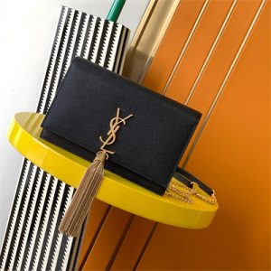 Y.S.L KATE SMALL TASSEL IN GRAIN DE POUDRE EMBOSSED Leather Gold Tone Metal Black Color