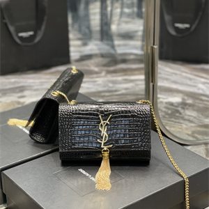 Y.S.L KATE SMALL TASSEL IN CROCODILE EMBOSSED Leather Gold Tone Metal Black Color