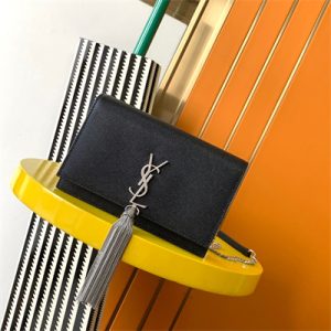 Y.S.L KATE SMALL TASSEL IN GRAIN DE POUDRE EMBOSSED Leather Silver Tone Metal Black Color