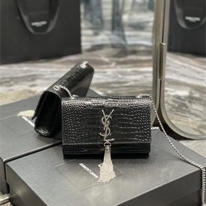 Y.S.L KATE SMALL TASSEL IN CROCODILE EMBOSSED Leather Silver Tone Metal Black Color