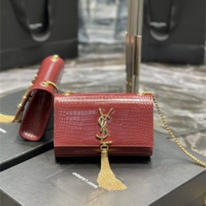 Y.S.L KATE SMALL TASSEL IN CROCODILE EMBOSSED Leather Gold Tone Metal Red Color