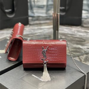 Y.S.L KATE SMALL TASSEL IN CROCODILE EMBOSSED Leather Silver Tone Metal Red Color
