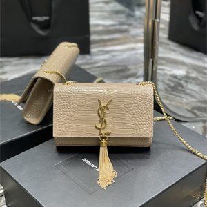 Y.S.L KATE SMALL TASSEL IN CROCODILE EMBOSSED Leather Gold Tone Metal Beige Color