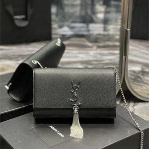 Y.S.L KATE MEDIUM TASSEL IN GRAIN DE POUDRE EMBOSSED LEATHER Silver Tone Metal Black Color