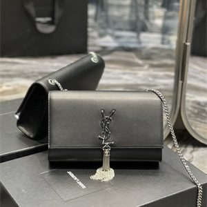 Y.S.L KATE MEDIUM TASSEL IN SMOOTH LEATHER Silver Tone Metal Black Color
